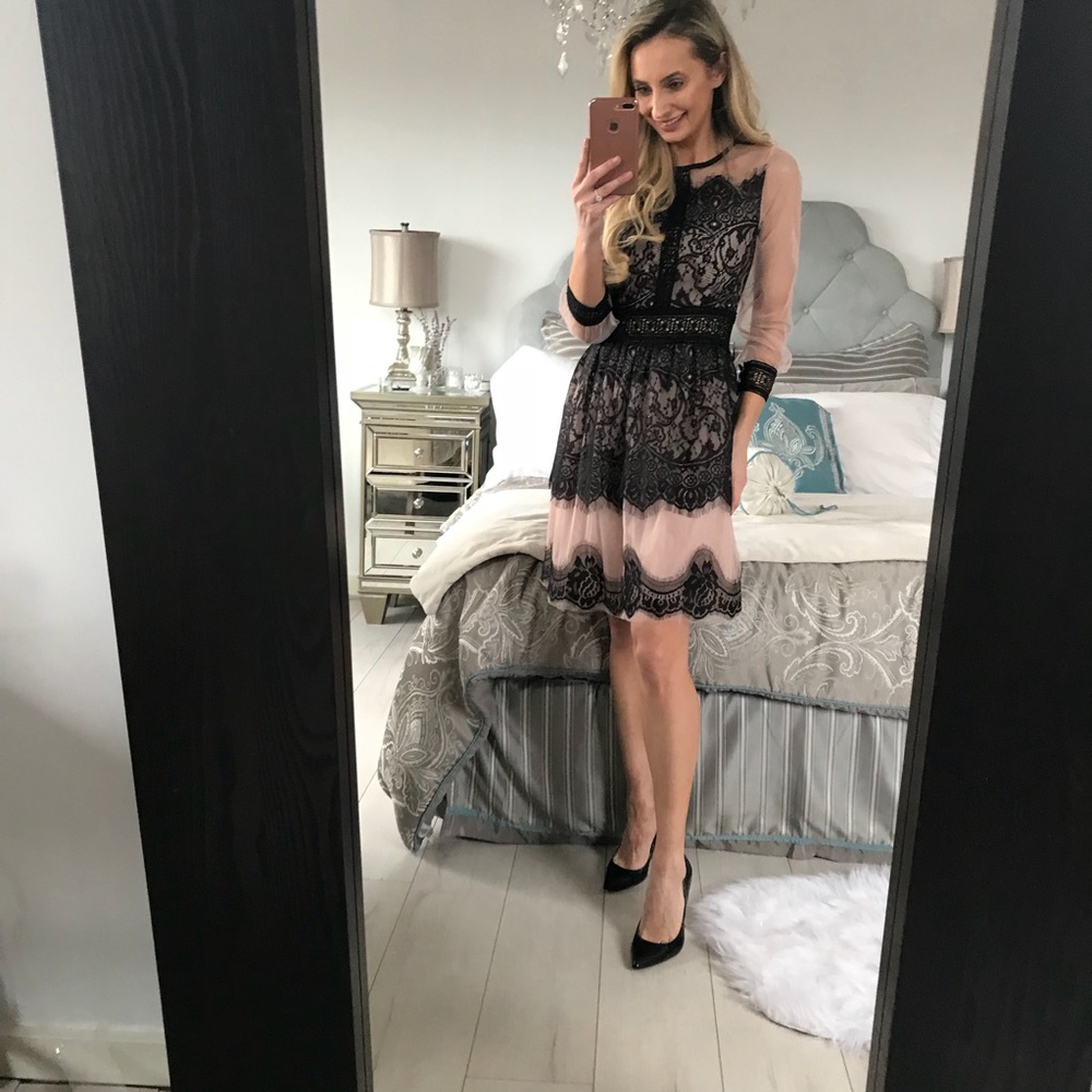 Long Sleeve Elegant Black and Blush Lace Dress - Picture 5 of 8